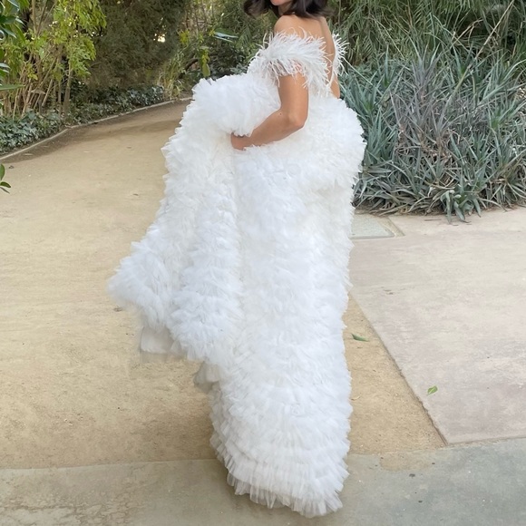 Lace corset bodice with off the shoulder ostrich feathers ruffle ballgown.